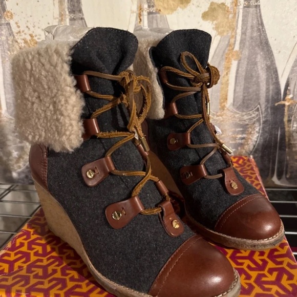 Tory Burch Shoes - Tory Burch Black and Brown Lace-Up Wedge Boots